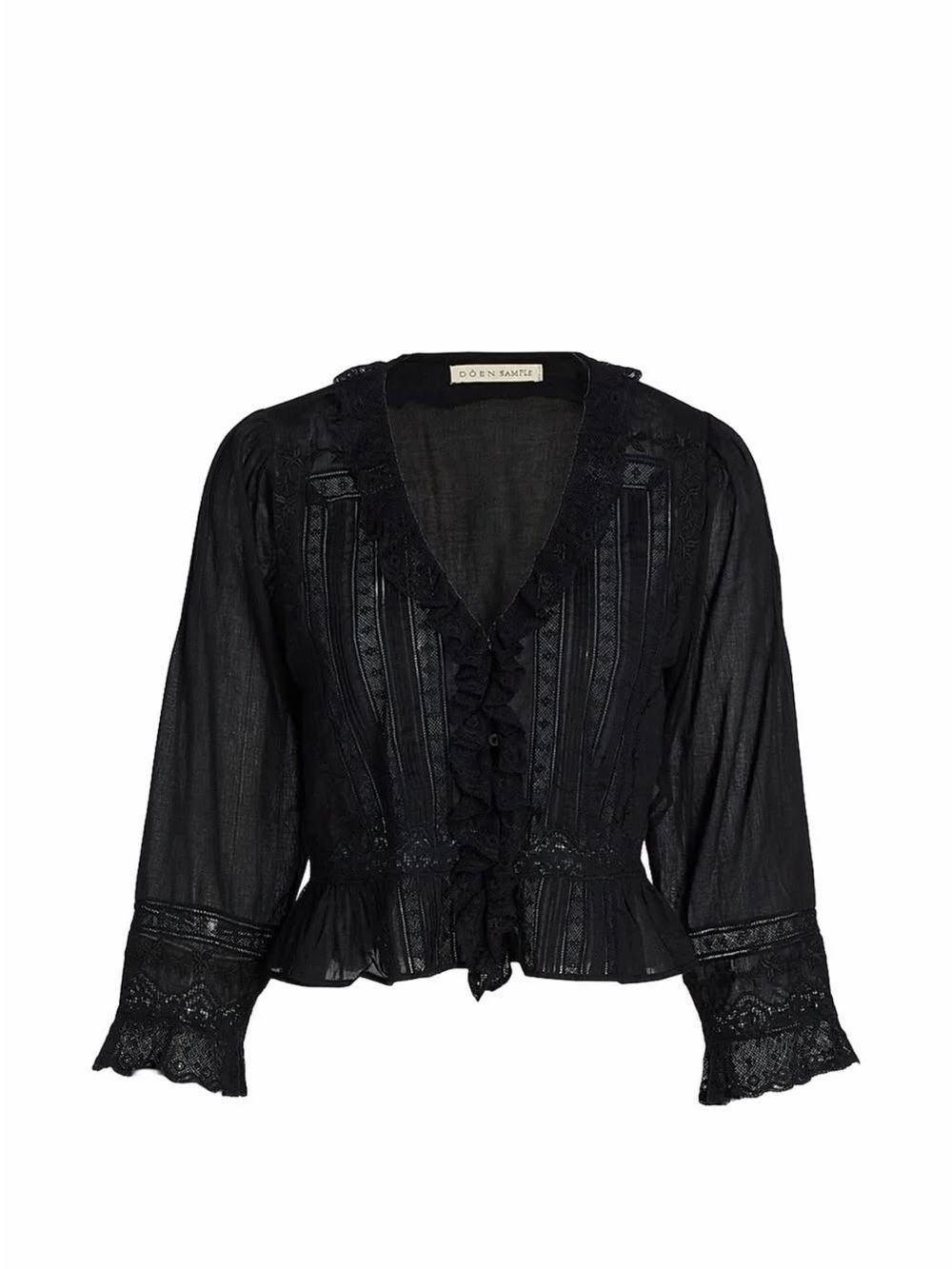 Rare NWT Doen Eldoris Black Lace-Trim Ruffled Peplum Blouse ASO Kaia Gerber